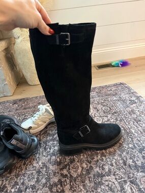 G by Guess Black Suede Lug Sole Ankle Boot with Buckle Detail